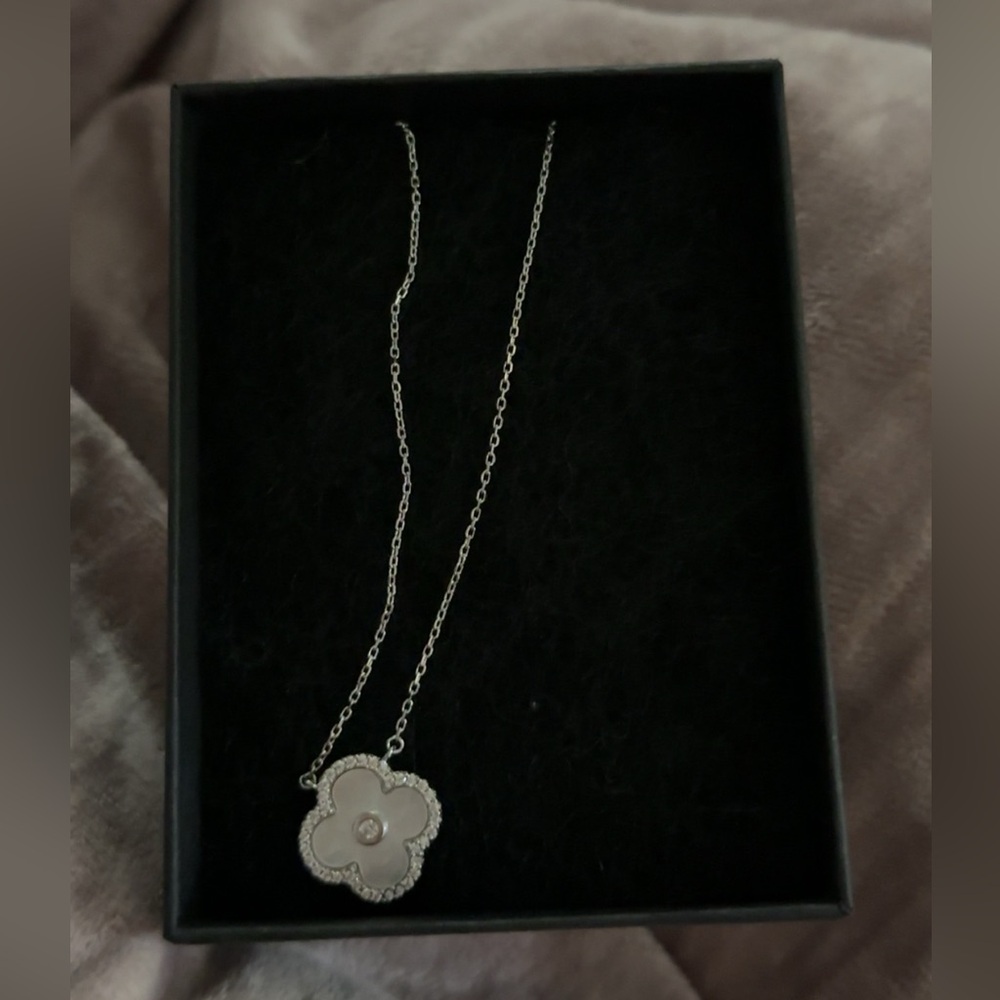 Silver, Dimond, Opal Clover Pendant Necklace